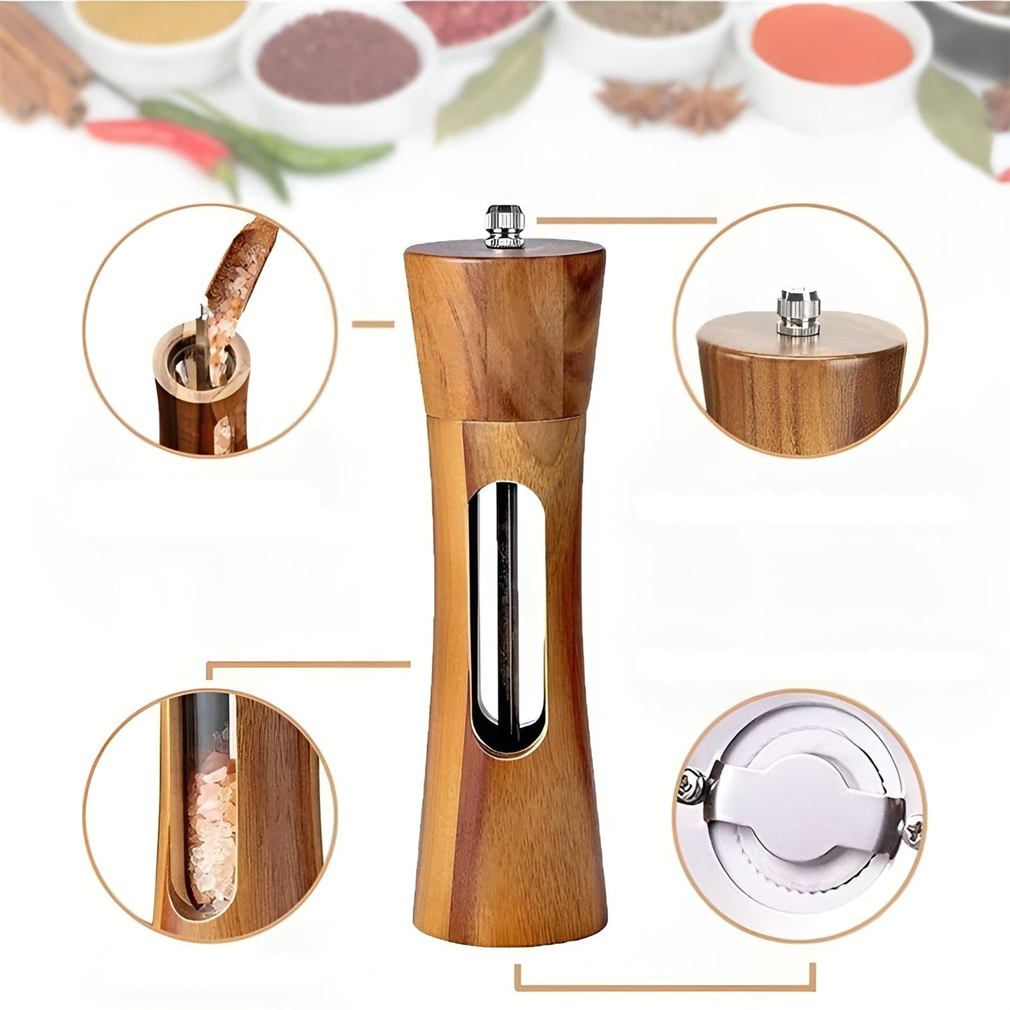 Avelena | SpiceCraft Manuelles Salz- und Pfeffermühlen-Set – Holzdessin mit acrylfenster einstellbare mahlgrade