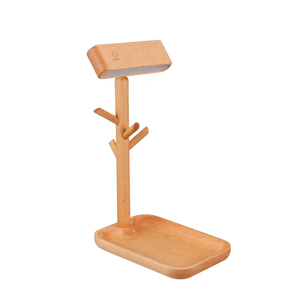 Avelena | WoodGlow – Dimmbare Holz Tischlampe mit Praktischem Stauraum