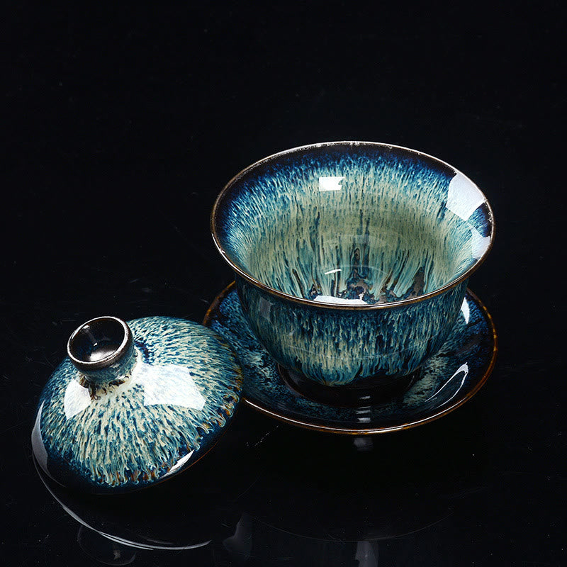 Avelena | Vintage Kiln Keramik Gaiwan Sancai Teetasse Teetasse und Untertasse mit Deckel
