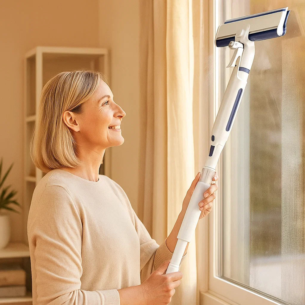 Avelena | Teleskopischer 3-in-1-Fensterreiniger mit Sprühvorrichtung und integriertem Behälter