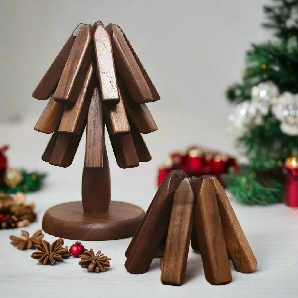 Avelena | Schwarznuss Faltbarer Weihnachtsbaum Holzuntersetzer – Kreative hitzebeständige Topfunterlagen & Küchenaccessoires
