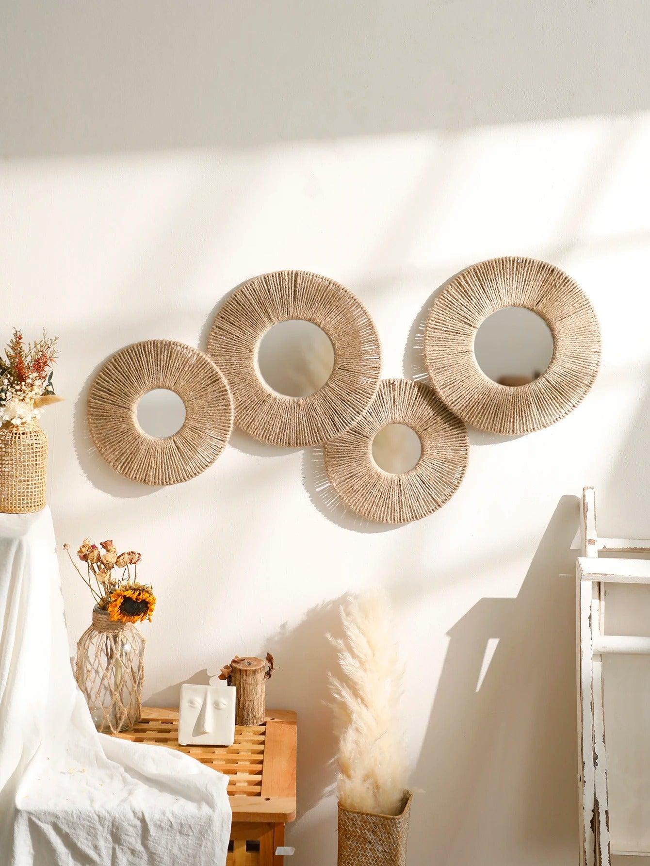 Avelena | Runde dekorative Wandspiegel im Boho-Stil mit gewebtem Hanfseil