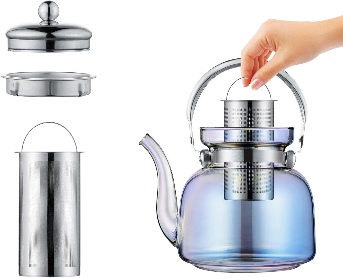 Avelena | 50 Oz(1500Ml) Glas Teekanne mit Deckel, abnehmbarer Edelstahl-Teesieb und Griff, herdgeeigneter Teebereiter für blühenden und losen Tee (irideszent)