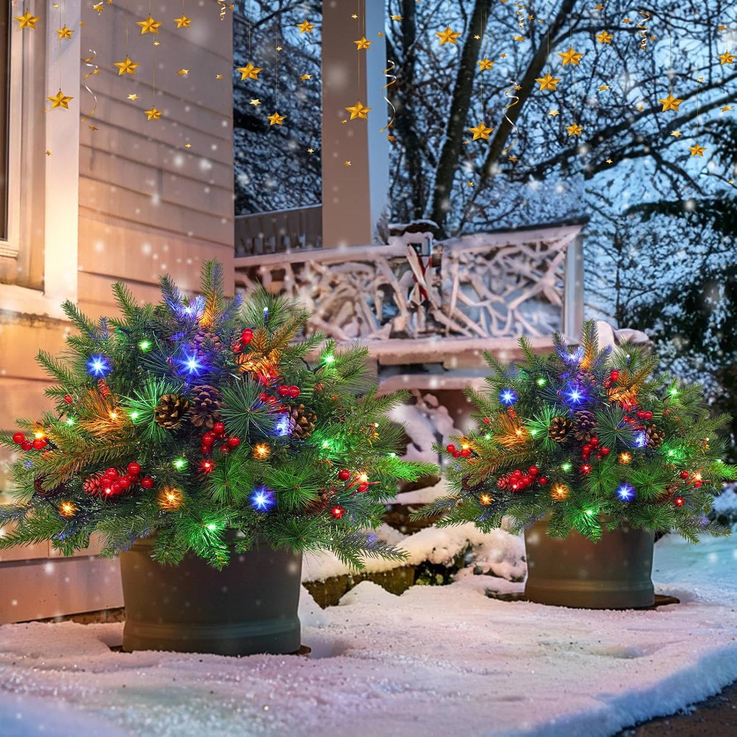 Avelena | Weihnachtliche Urnen-Deko mit LED-Lichtern | Realistische Tannenzweige & Beeren | Innen- und Außenbereich