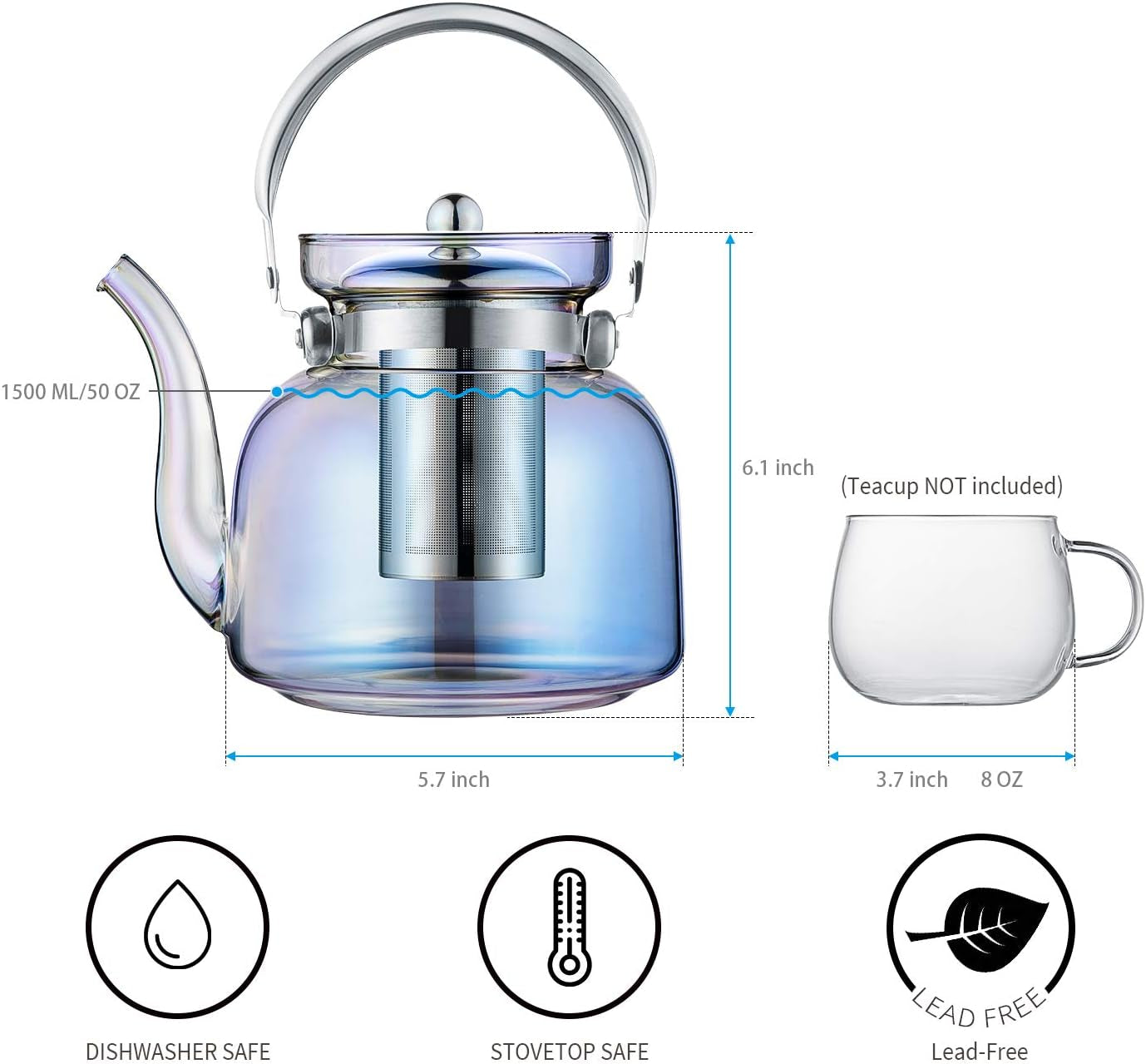 Avelena | 50 Oz(1500Ml) Glas Teekanne mit Deckel, abnehmbarer Edelstahl-Teesieb und Griff, herdgeeigneter Teebereiter für blühenden und losen Tee (irideszent)