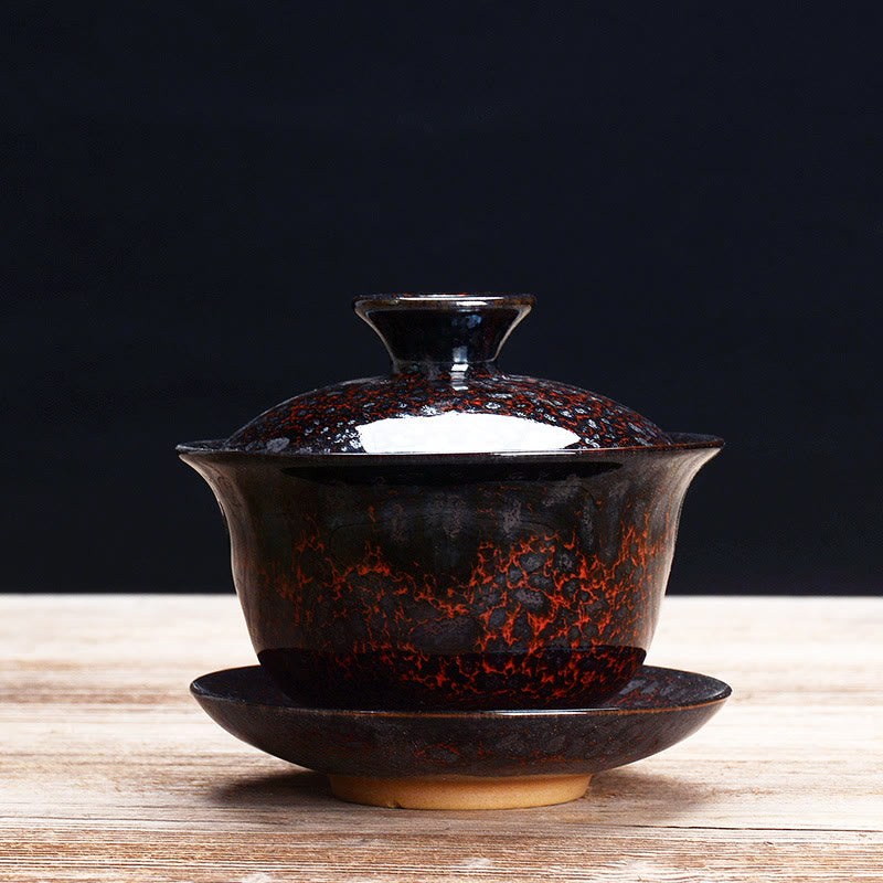 Avelena | Vintage Kiln Keramik Gaiwan Sancai Teetasse Teetasse und Untertasse mit Deckel