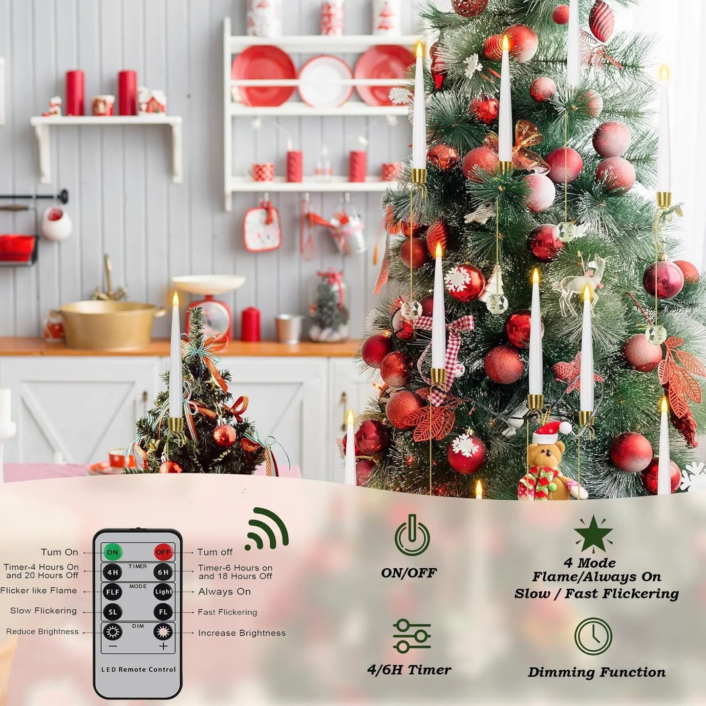 Avelena | Weihnachtsbaum LED-Kerzen Set | 12 Stück mit Fernbedienung & Timer | Warmweißes Flackern | Flameless & sicher