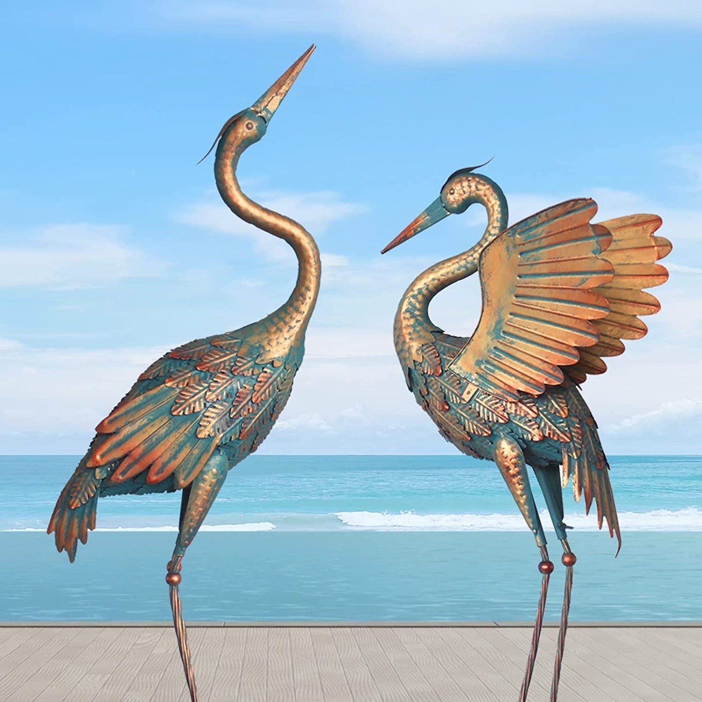 Avelena | 33-37 Zoll Metallkran Gartenstatue Dekor, Vogelgarten Skulptur & Statuen, Außendekoration für Garten Terrasse Rasen Hinterhof Pool, Vintage Ausbreitende Flügel Kran, Set von 2
