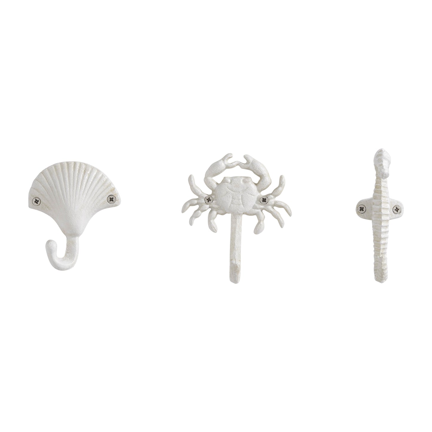 Avelena | Weißer Gusseisen Nautical Ocean Figur Skulptur Dekorative Utility Wandhaken Set von 3 - Muschel, Krebs, Seepferdchen