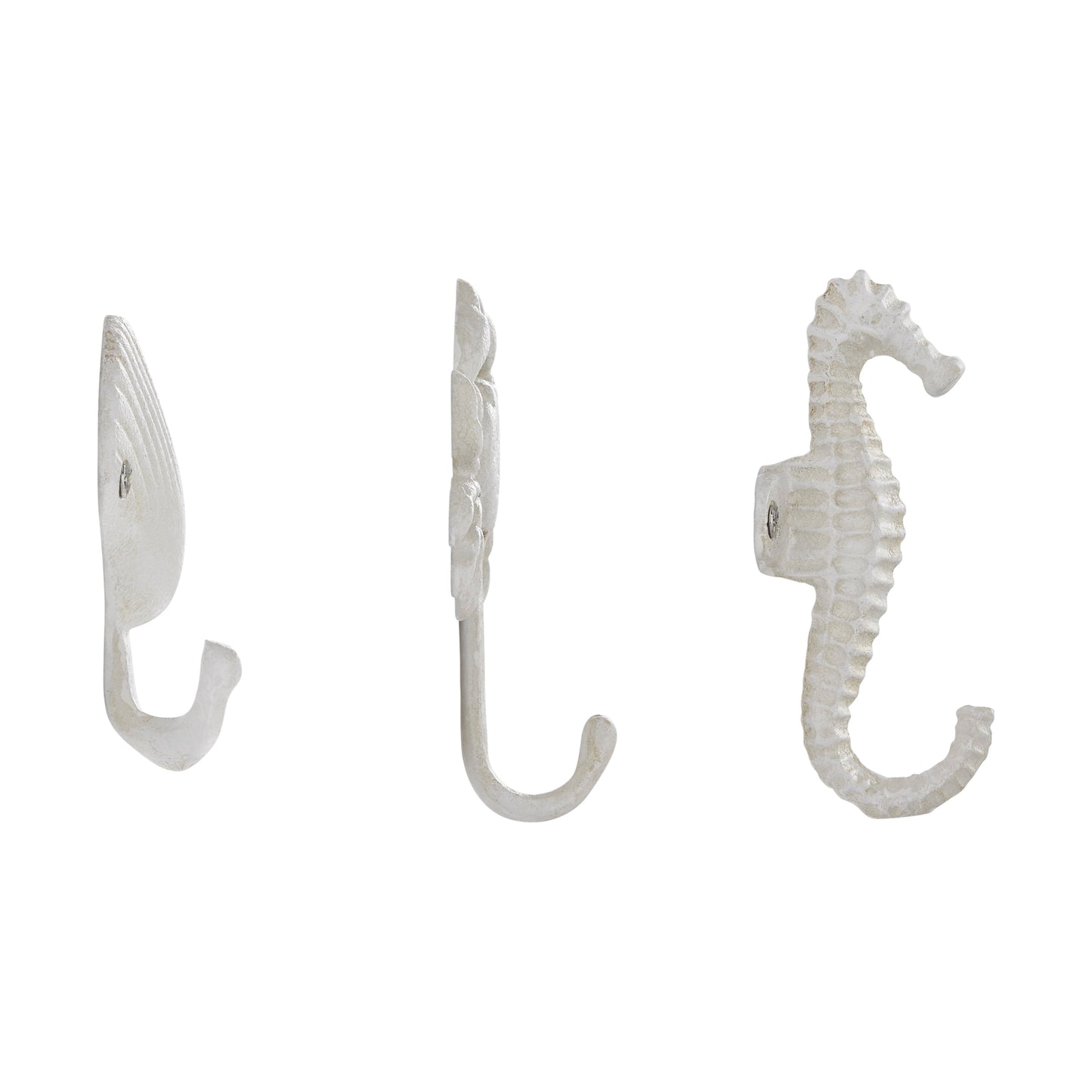 Avelena | Weißer Gusseisen Nautical Ocean Figur Skulptur Dekorative Utility Wandhaken Set von 3 - Muschel, Krebs, Seepferdchen