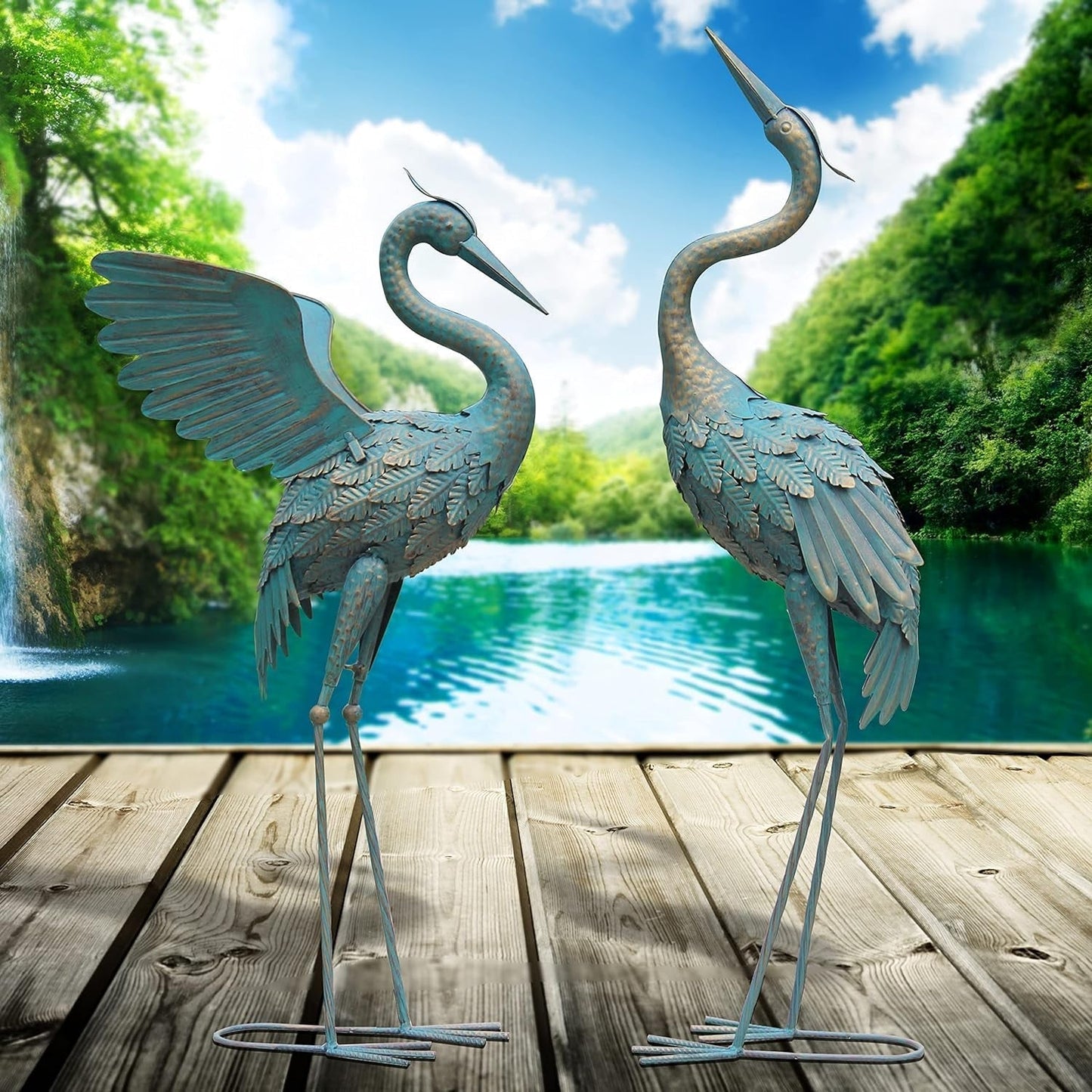 Avelena | 33-37 Zoll Metallkran Gartenstatue Dekor, Vogelgarten Skulptur & Statuen, Außendekoration für Garten Terrasse Rasen Hinterhof Pool, Vintage Ausbreitende Flügel Kran, Set von 2