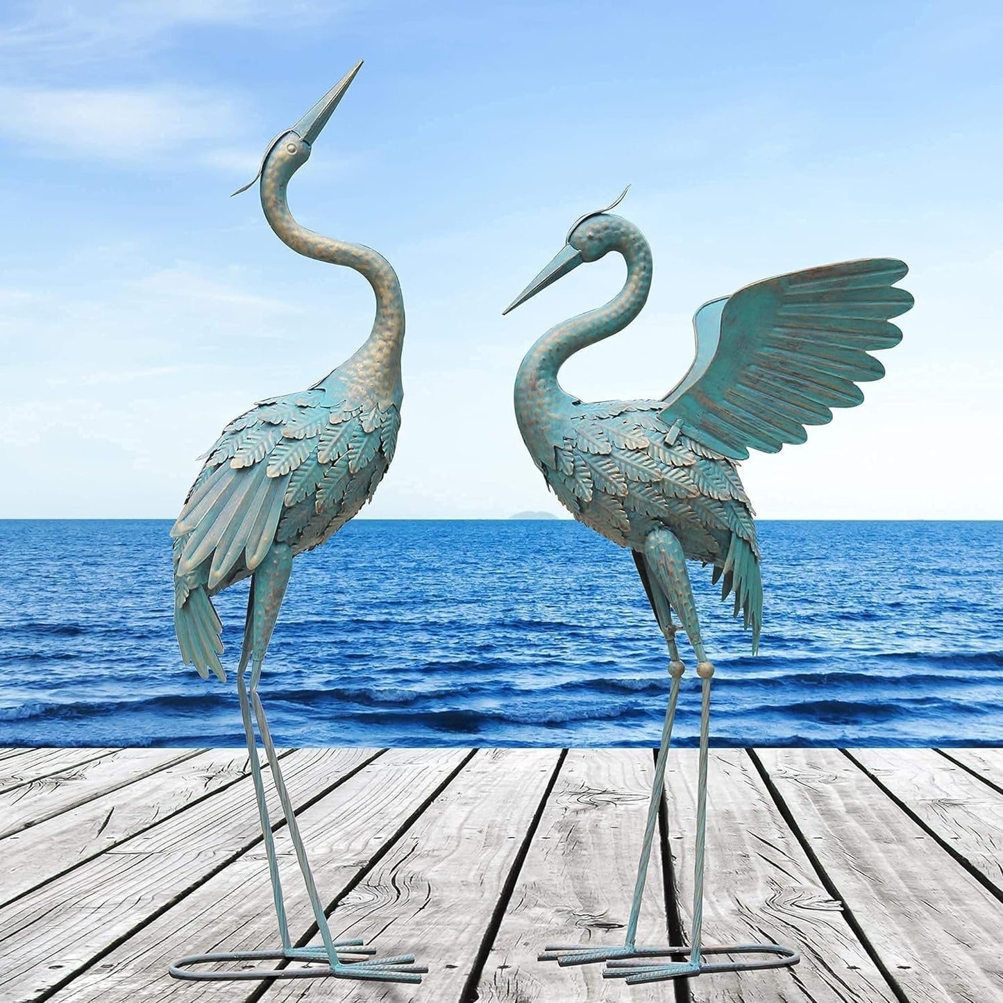Avelena | 33-37 Zoll Metallkran Gartenstatue Dekor, Vogelgarten Skulptur & Statuen, Außendekoration für Garten Terrasse Rasen Hinterhof Pool, Vintage Ausbreitende Flügel Kran, Set von 2