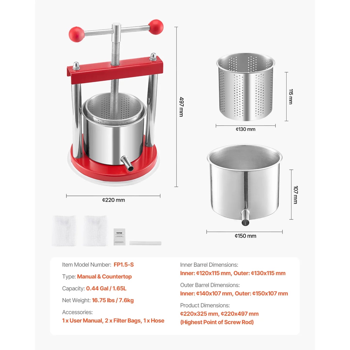 Avelena | Fruchtpresse Edelstahl Fässer Manuelle Saftmaschine mit T-Griff