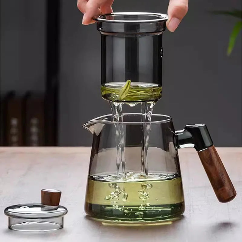 Avelena | Glas Teekanne mit Teesieb Hitzebeständige Teekanne mit Holzgriff
