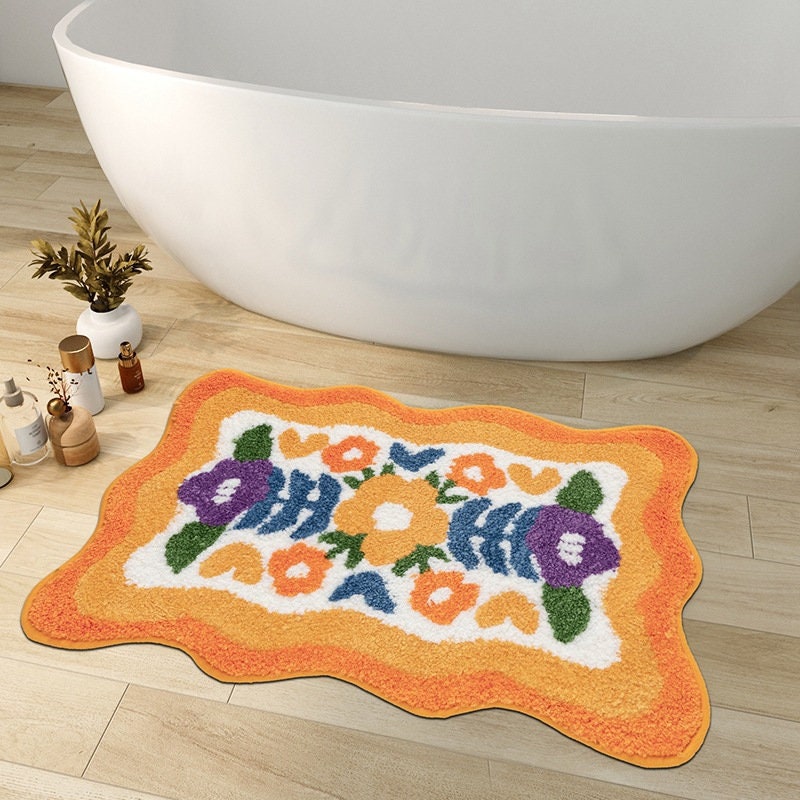 Avelena | Bunte Blumen Badezimmermatte, Orange Flora Weicher Badezimmerteppich, Gewebte Badematte, Lila Tulpe Wasserabsorbierende Rutschfeste Badematte