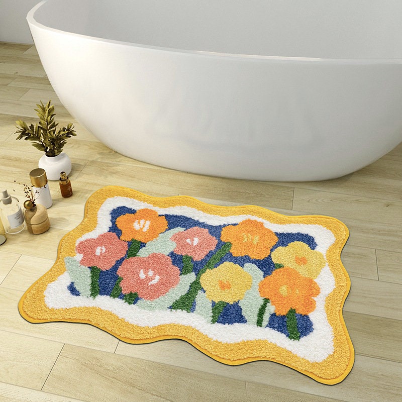 Avelena | Bunte Blumen Badezimmermatte, Orange Flora Weicher Badezimmerteppich, Gewebte Badematte, Lila Tulpe Wasserabsorbierende Rutschfeste Badematte
