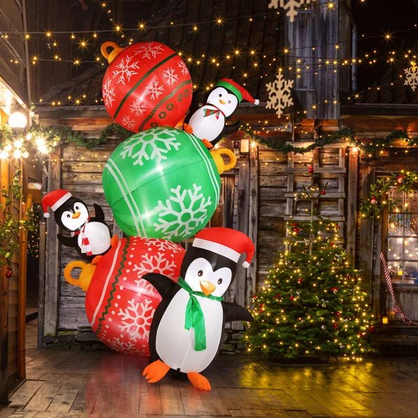 Avelena | Aufblasbare Leuchtende Weihnachts-Pinguine & Bunte Ballon-Dekorationen – 2,7 m Festliche Pinguine & Bunte Bälle für Spaß im Garten Display