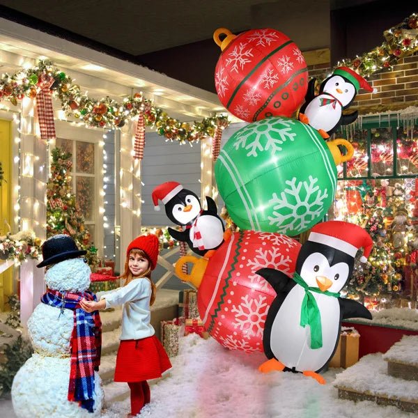 Avelena | Aufblasbare Leuchtende Weihnachts-Pinguine & Bunte Ballon-Dekorationen – 2,7 m Festliche Pinguine & Bunte Bälle für Spaß im Garten Display
