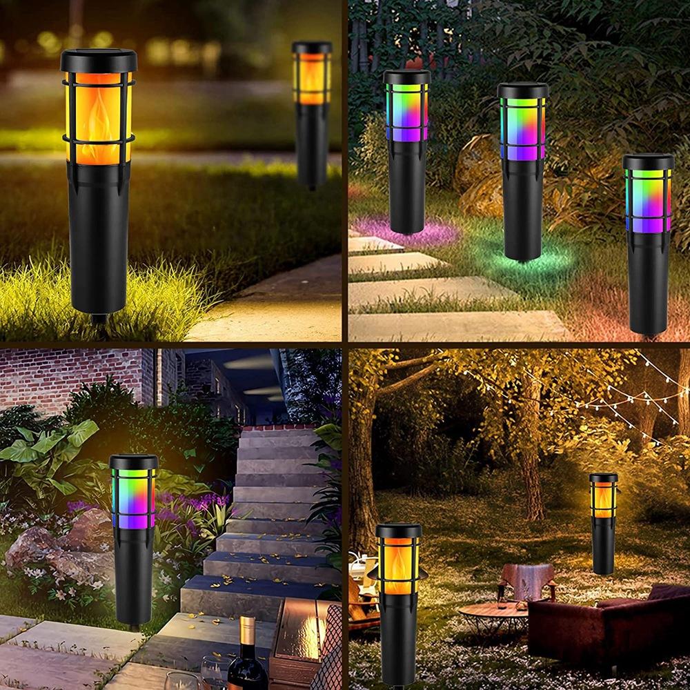 Avelena | Solar-Wegeleuchten für den Außenbereich, mit flackernder Flamme und RGB-Farbwechsel, LED-Solar-Außenleuchten für Hof, Garten, Weg, Rasen - IP65 wasserdicht