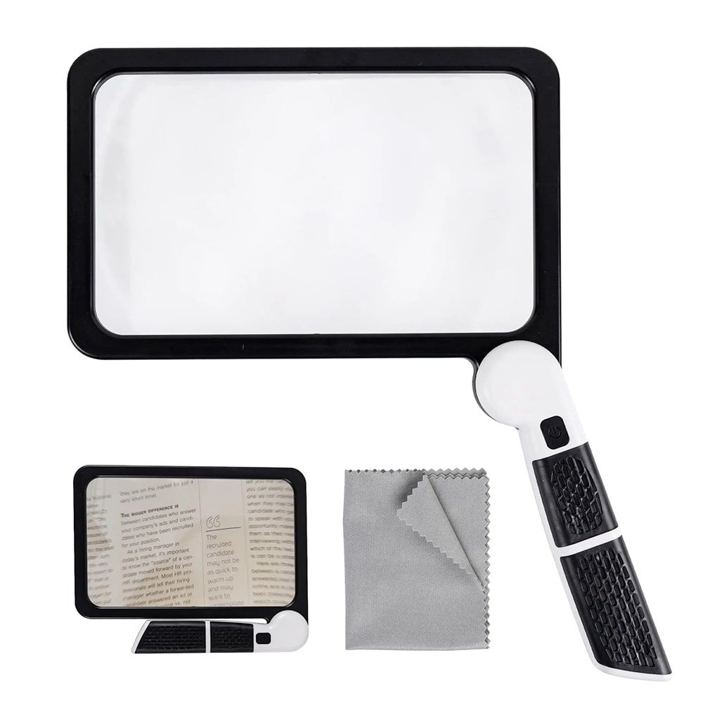 Avelena | Vollseiten Handheld Lupe – 5X Vergrößerung, LED beleuchtete Lupe mit 3 Modi, ideal zum Lesen von Büchern und für Senioren
