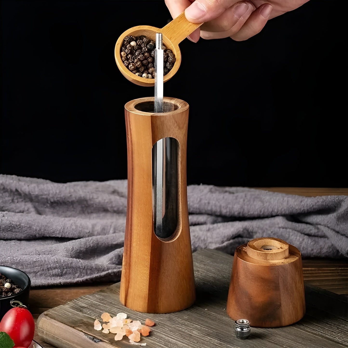 Avelena | SpiceCraft Manuelles Salz- und Pfeffermühlen-Set – Holzdessin mit acrylfenster einstellbare mahlgrade