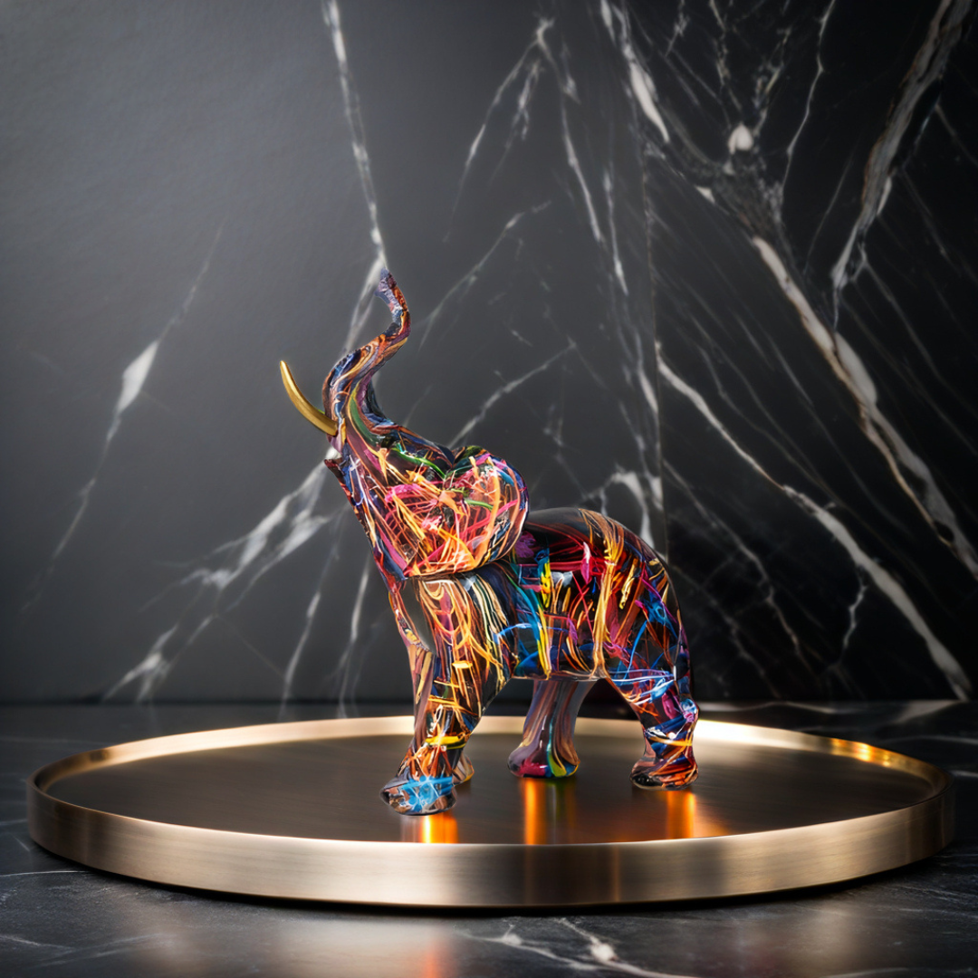 Avelena | Abstrakte Elefantenstatue – Farbiges Afrikanisches Design mit erhobenem Rüssel für Glück