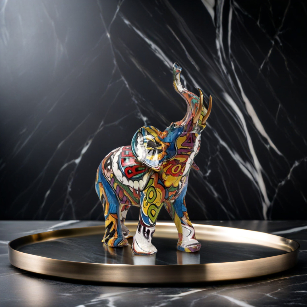 Avelena | Abstrakte Elefantenstatue – Farbiges Afrikanisches Design mit erhobenem Rüssel für Glück