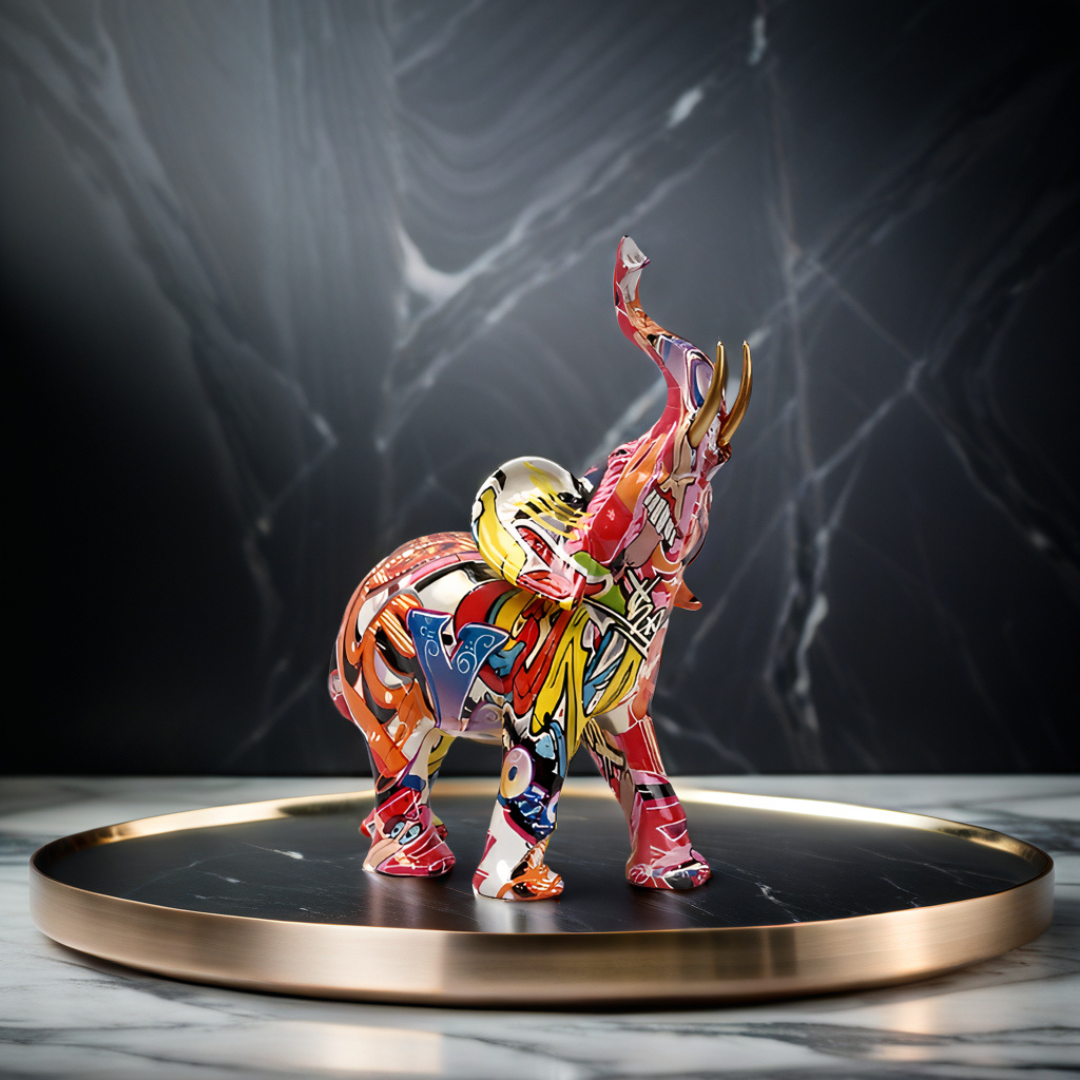 Avelena | Abstrakte Elefantenstatue – Farbiges Afrikanisches Design mit erhobenem Rüssel für Glück