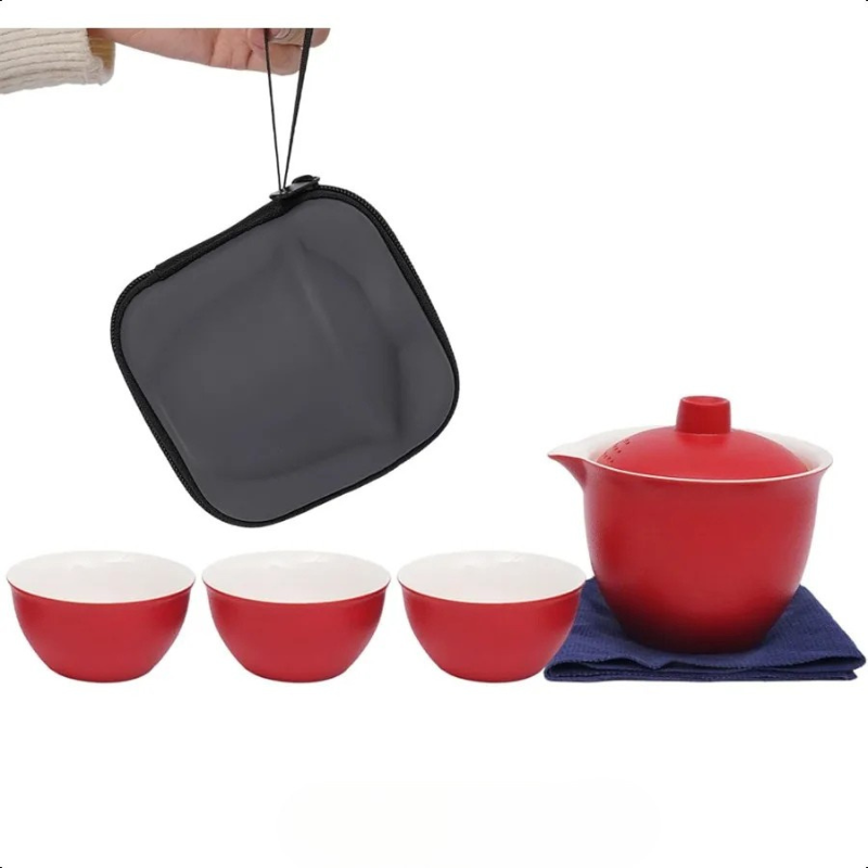 Avelena | Tragbare Keramik Teekanne und Tassen Set für Reisen Rotes Teeset