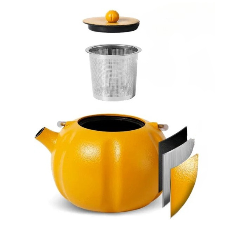 Avelena | Kürbis Gusseisen Teekanne mit Edelstahl-Infuser Internem Emaille