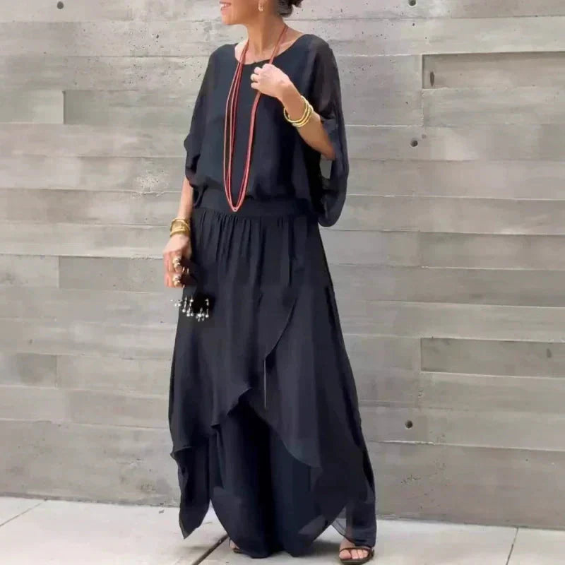 Avelena | 2-teiliges Chiffon-Set mit lockerem Oberteil und Hose mit weitem Schlitz