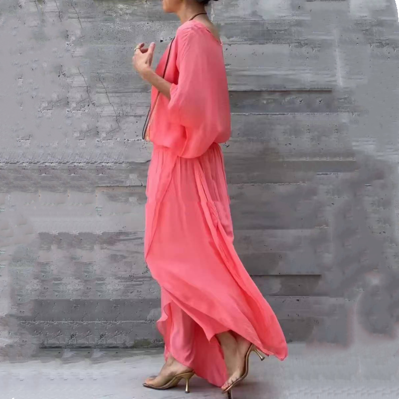 Avelena | 2-teiliges Chiffon-Set mit lockerem Oberteil und Hose mit weitem Schlitz
