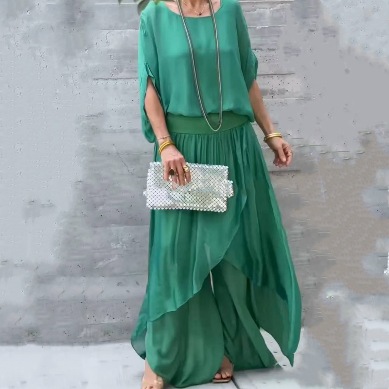 Avelena | 2-teiliges Chiffon-Set mit lockerem Oberteil und Hose mit weitem Schlitz