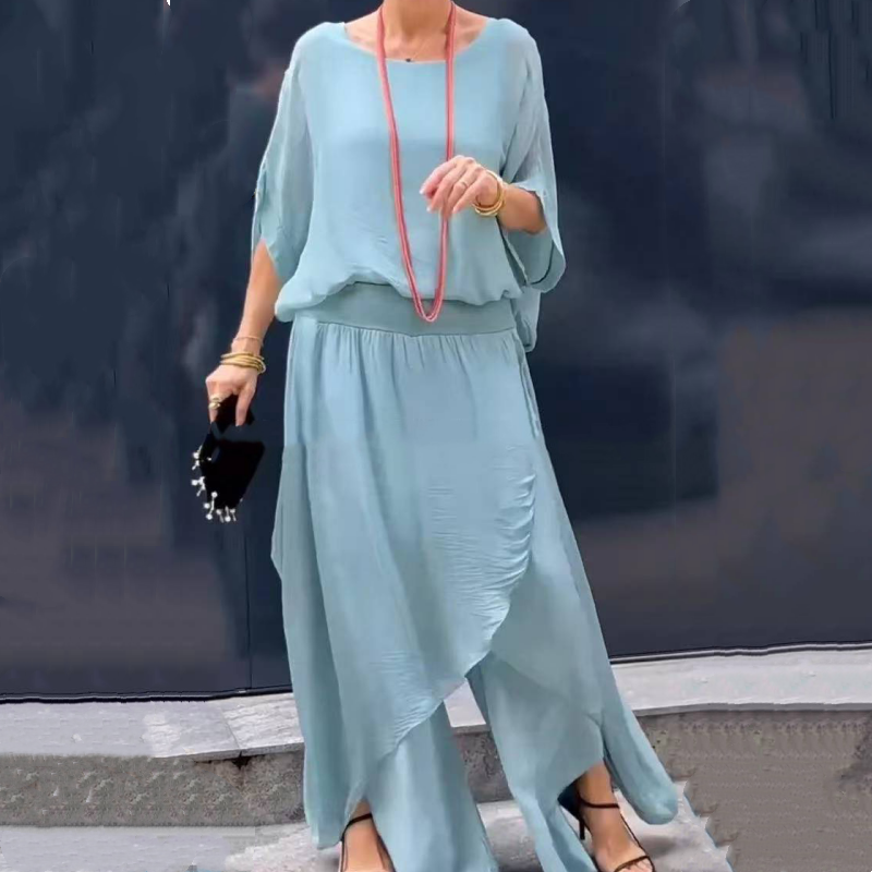 Avelena | 2-teiliges Chiffon-Set mit lockerem Oberteil und Hose mit weitem Schlitz