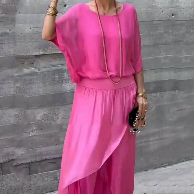 Avelena | 2-teiliges Chiffon-Set mit lockerem Oberteil und Hose mit weitem Schlitz