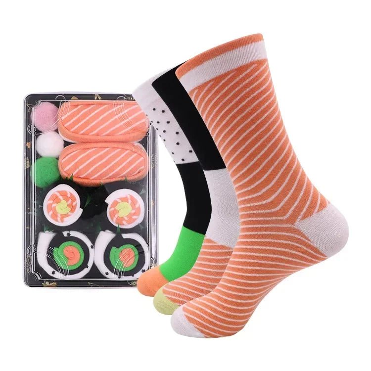Avelena | Sushi Knöchel-Socken Geschenkset – 3-Paar Harajuku Baumwoll-Socken mit verspielten Pizza-, Burger- & Sushi-Designs, perfekt für Weihnachts- oder Geburtstagsüberraschungen