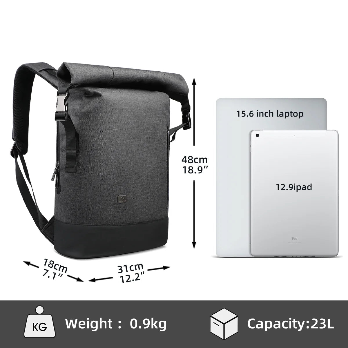Avelena | URBANTRAIL Rolltop Rucksack – Erweiterbarer & wasserdichter Reisetrage mit USB-Anschluss und Laptopfach
