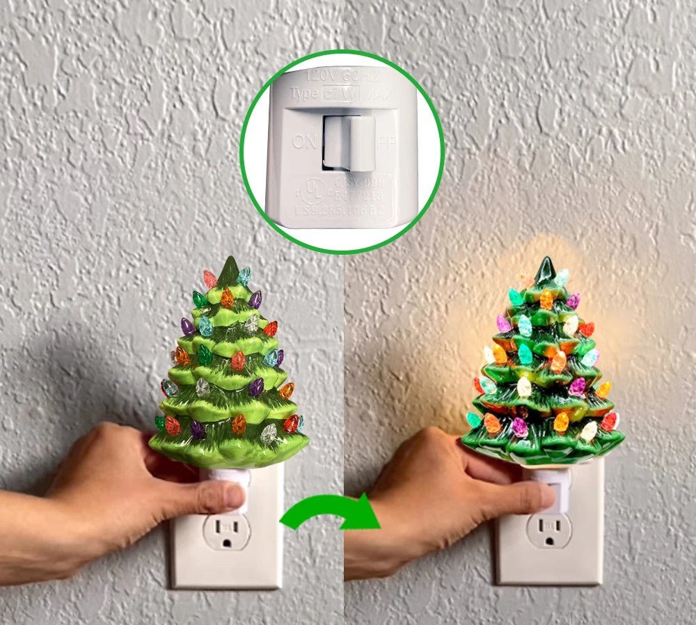 Avelena | Vintage Keramischer Weihnachtsbaum Nachtlicht – Handbemalt Steckerbeleuchtung Feiertagsglanz