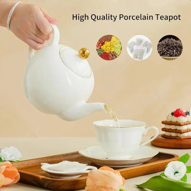 Avelena | Weißer Porzellan Teekanne Klassisches Design Teekannen mit Goldrand