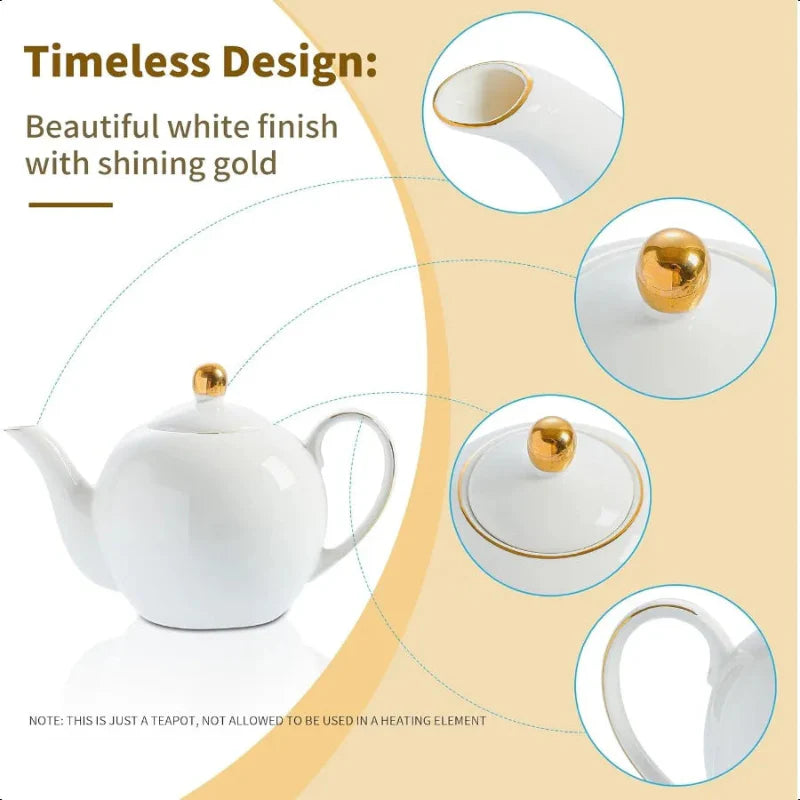 Avelena | Weißer Porzellan Teekanne Klassisches Design Teekannen mit Goldrand