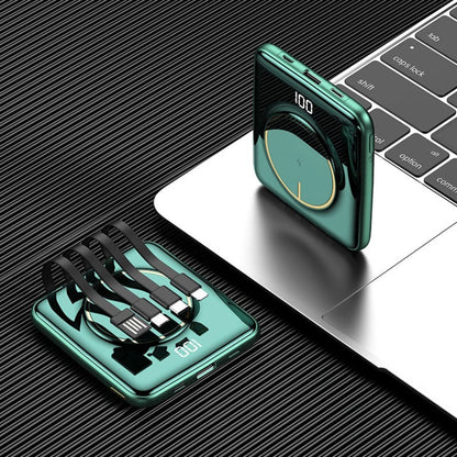 Avelena | 5-in-1 tragbare Mini 20000mAh Powerbank, mit kabelgebundenem/kabellosem Laden, 4 integrierten Kabeln und super schlankem Design, für Telefon, Tablet und mehr