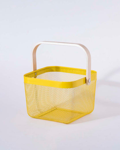 Avelena | Eckiger Metallaufbewahrungskorb mit Holzgriff - Gelb - Set von 2