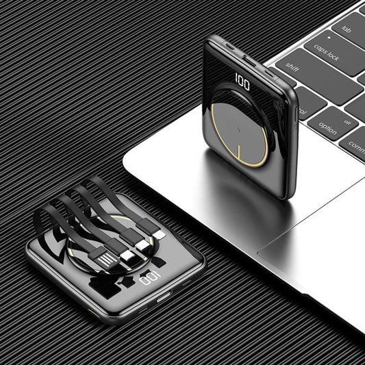 Avelena | 5-in-1 tragbare Mini 20000mAh Powerbank, mit kabelgebundenem/kabellosem Laden, 4 integrierten Kabeln und super schlankem Design, für Telefon, Tablet und mehr