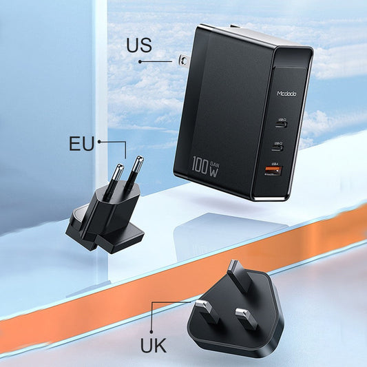 Avelena | 3-in-1 100W Wandladegerät, mit US/EU/UK-Steckdosen, 2 Type-C & 1 USB-Anschluss, für Laptop, Telefon, Tablet