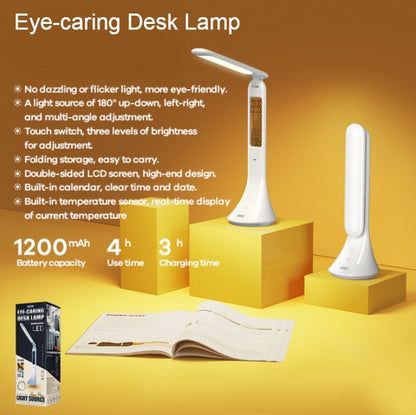 Avelena | Wiederaufladbare faltbare augenschonende Schreibtischlampe, mit flimmerfreiem, einstellbarem Licht, Uhrzeit-, Datum- & Temperaturanzeige