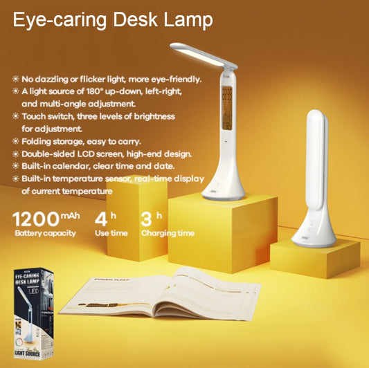 Avelena | Wiederaufladbare faltbare augenschonende Schreibtischlampe, mit flimmerfreiem, einstellbarem Licht, Uhrzeit-, Datum- & Temperaturanzeige