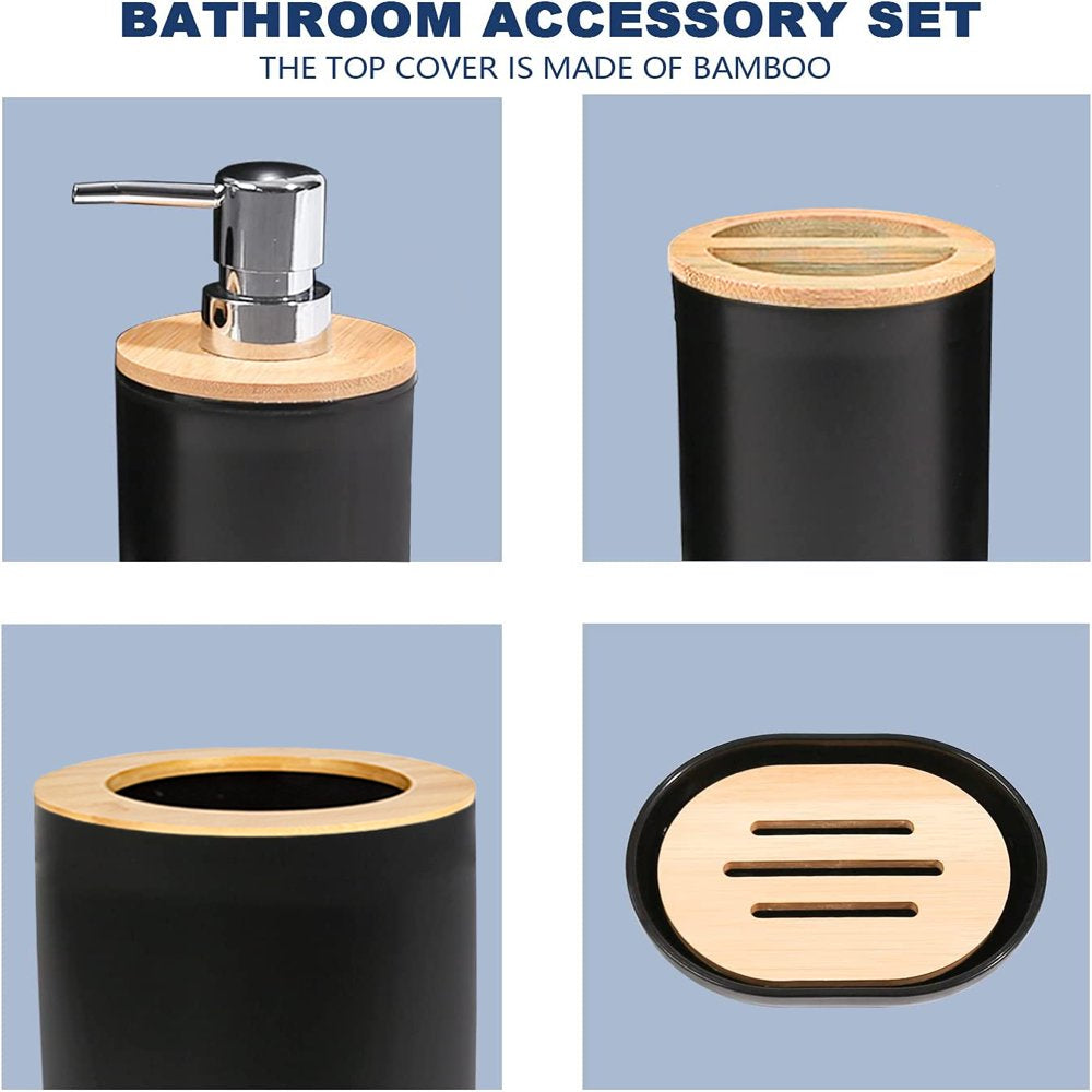 Avelena | 6-teiliges Badset - Seifenschale Zahnbürstenhalter Mundspülbecher Lotionflasche Mülleimer WC-Bürste - Praktisches WC-Set für Zuhause Wäschempfang, Schwarz