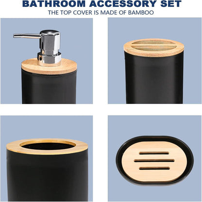 Avelena | 6-teiliges Badset - Seifenschale Zahnbürstenhalter Mundspülbecher Lotionflasche Mülleimer WC-Bürste - Praktisches WC-Set für Zuhause Wäschempfang, Schwarz