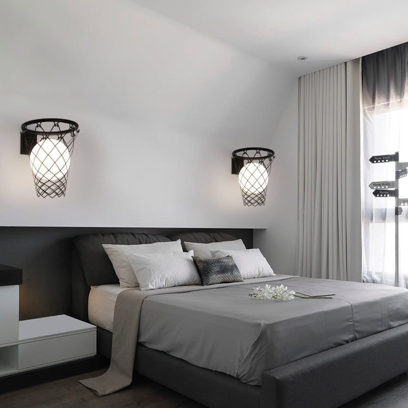 Avelena | Slamora Kinder Wandleuchte | Basketballkorb Design | Glas & Metall | Art Déco Stil | Schlafzimmerlicht