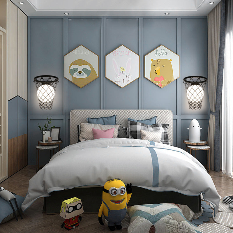 Avelena | Slamora Kinder Wandleuchte | Basketballkorb Design | Glas & Metall | Art Déco Stil | Schlafzimmerlicht
